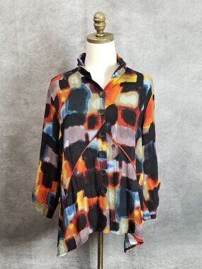 Ali Miles Artsy Wired Collar Tunic Lagenlook Size PL Abstract Watercolor Shirt